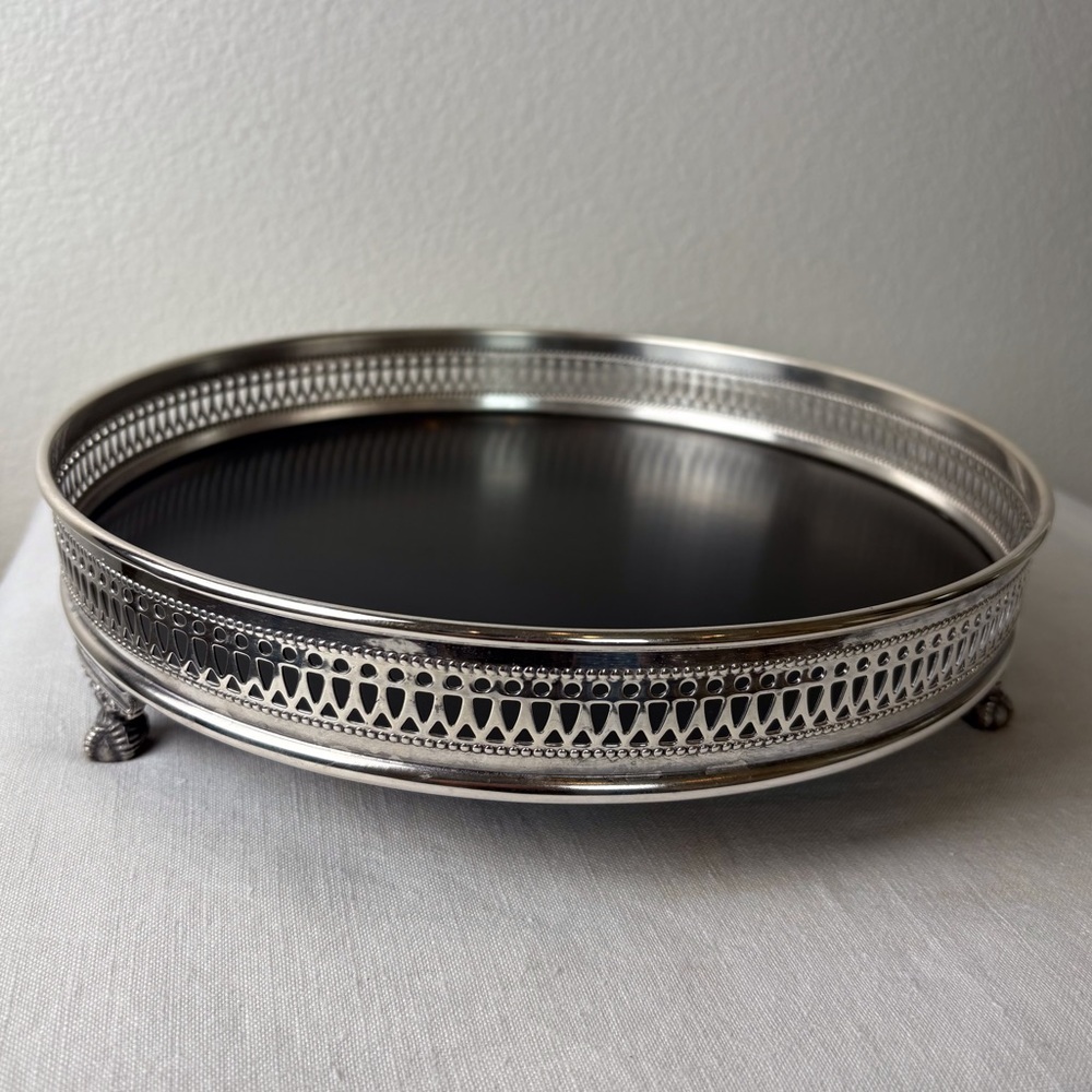 MCM Footed Bar / Vanity Tray - Silver Plate w/ Black Inset - XLNT Vintage Cond. - Picture 3 of 13